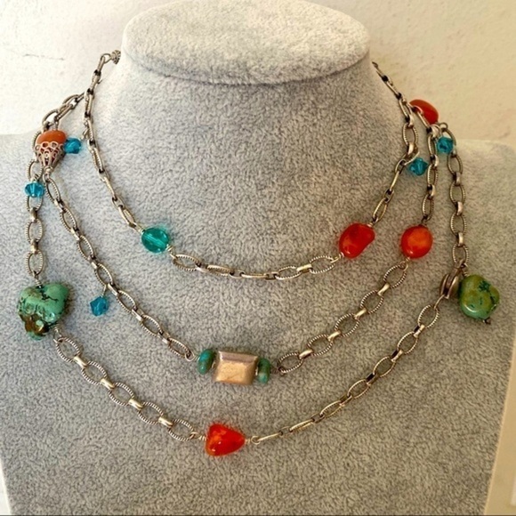 Artisan 925 Sterling Silver Metal Chain Turquoise Beaded Statement Neckl… - Picture 1 of 16